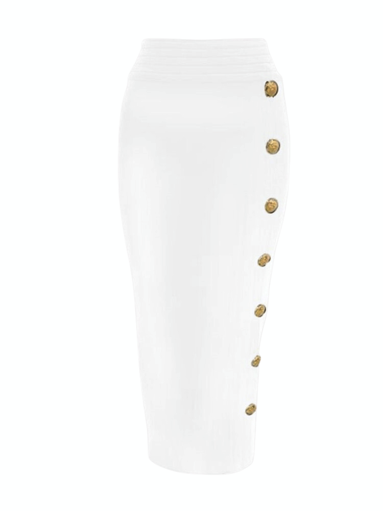 Women's High Waist Bandage White Pencil Skirt with Gold Buttons