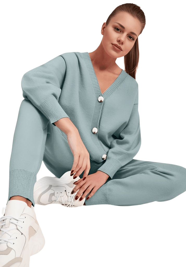 Women's Knitted 2 Piece Pale Green Pant Suit Set
