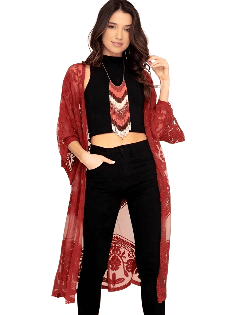 Discover the perfect Women's Red Lace Kimono Top at Drestiny! Enjoy free shipping and let us cover the tax. Seen on FOX, NBC, and CBS. Save up to 50%!