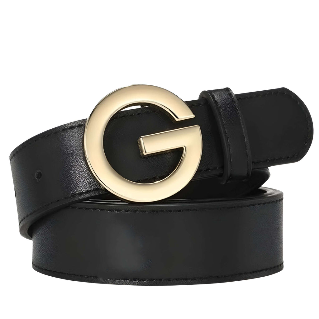 Women's Black Leather Gold 'G' Buckle Belt - Shop Drestiny for free shipping + tax paid. Seen on FOX, NBC, CBS. Save up to 50% for a limited time.