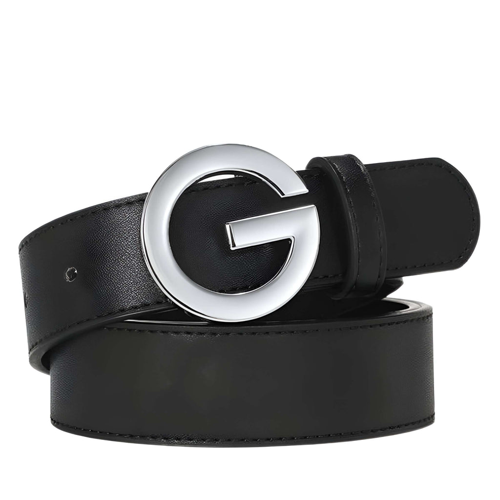 Women's Black Leather Silver 'G' Buckle Belt - Shop Drestiny for free shipping + tax paid. Seen on FOX, NBC, CBS. Save up to 50% for a limited time.