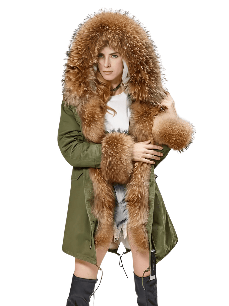 Women's Long Parka Coat With Real Rabbit Fur Lining & Real Fur Collar
