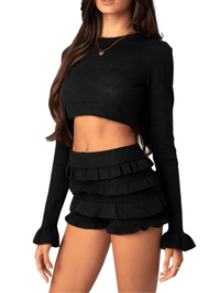Thumbnail for Women's Long Sleeve Crop Top + Shorts 2-Piece Set -, Short Sets , Drestiny , Australia, Black, Casual Shirts, Crop Tops, FR, Light Pink, Long Sleeves, New Zealand, Pink, Sets, Short Sets, Shorts, United Kingdom, United States, White , Drestiny , www.shopdrestiny.com
