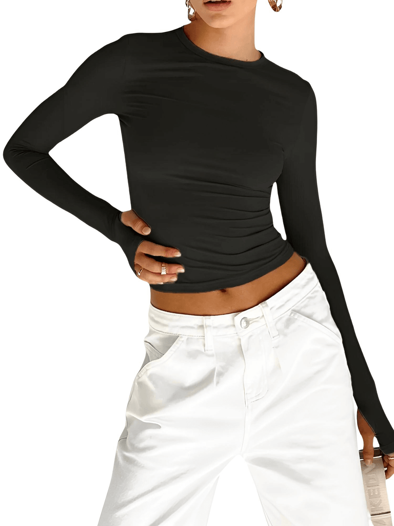 Shop Drestiny for a trendy Women's Black  Long Sleeve Crop Top with Thumbholes. Enjoy free shipping and let us cover the tax! Seen on FOX, NBC, and CBS. Save up to 50% now!