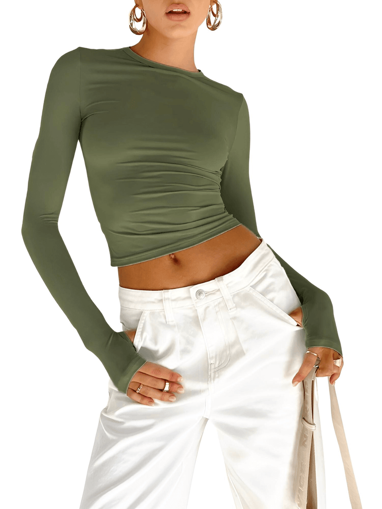 Shop Drestiny for a trendy Women's Green Long Sleeve Crop Top with Thumbholes. Enjoy free shipping and let us cover the tax! Seen on FOX, NBC, and CBS. Save up to 50% now!