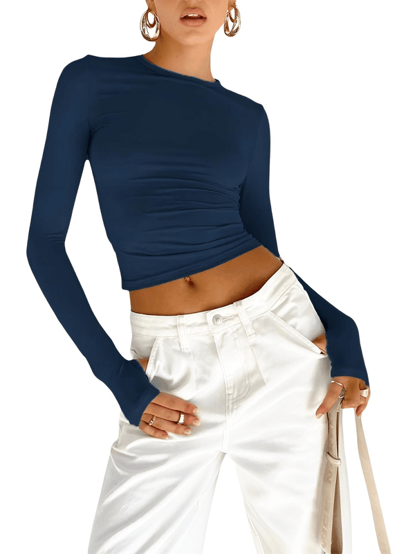 Shop Drestiny for a trendy Women's Dark Blue Long Sleeve Crop Top with Thumbholes. Enjoy free shipping and let us cover the tax! Seen on FOX, NBC, and CBS. Save up to 50% now!