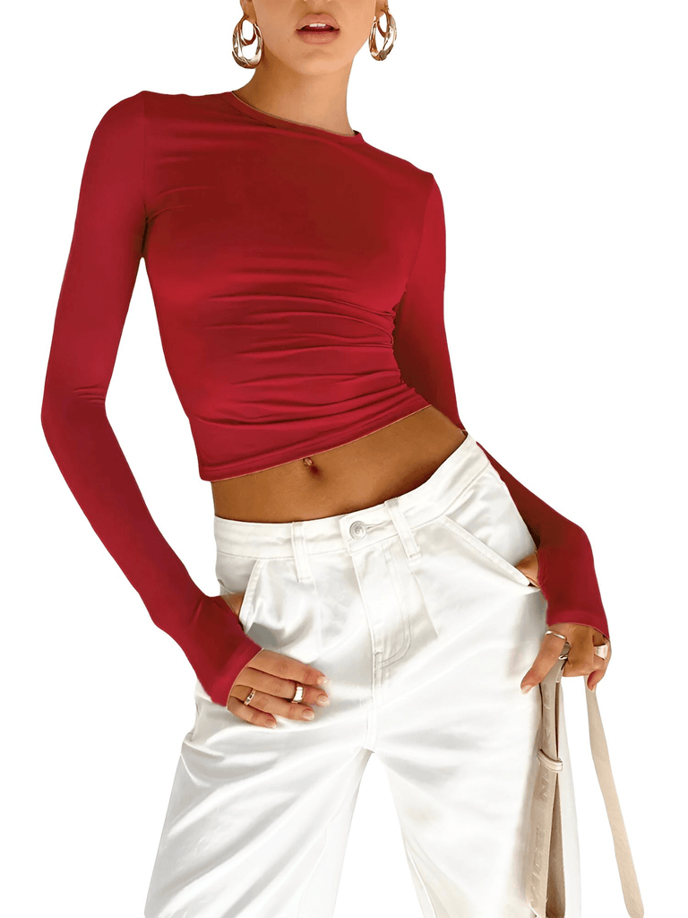 Shop Drestiny for a trendy Women's Red  Long Sleeve Crop Top with Thumbholes. Enjoy free shipping and let us cover the tax! Seen on FOX, NBC, and CBS. Save up to 50% now!