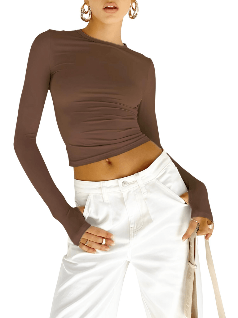 Shop Drestiny for a trendy Women's Brown Long Sleeve Crop Top with Thumbholes. Enjoy free shipping and let us cover the tax! Seen on FOX, NBC, and CBS. Save up to 50% now!