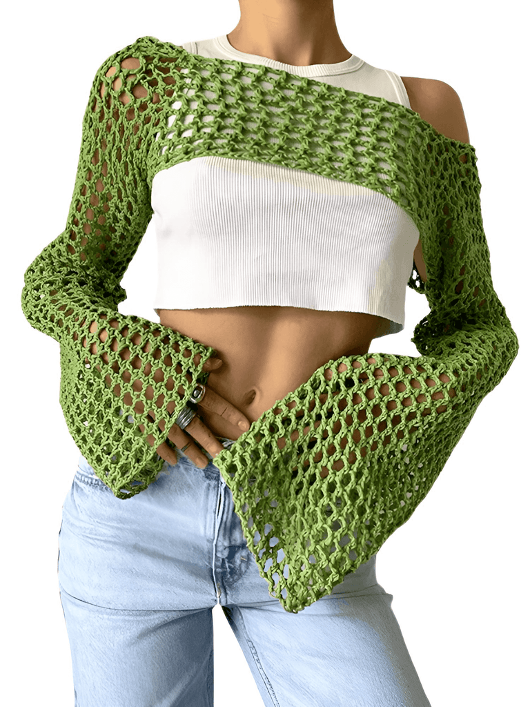 Women's Long Sleeve Smock Green Knitted Crop Top