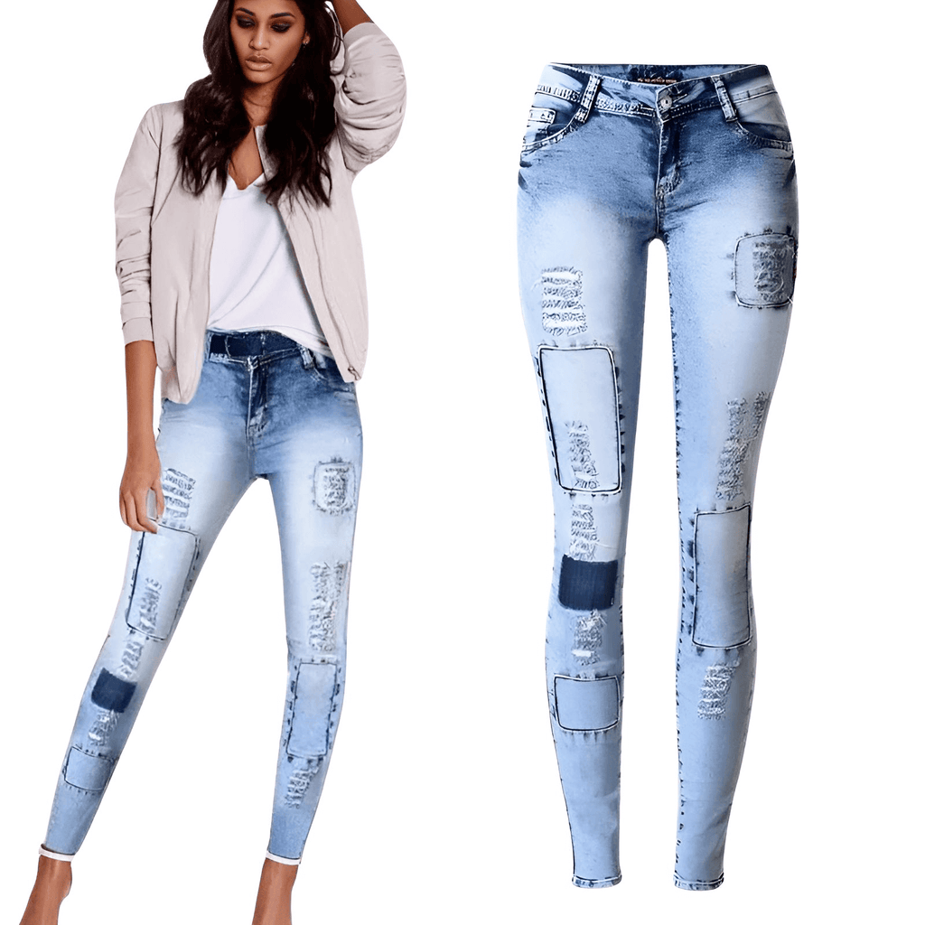 Shop Drestiny for trendy Women's Low Waist Light Blue Patchwork Skinny Jeans. Enjoy free shipping and let us cover the taxes! Save up to 50% off now!