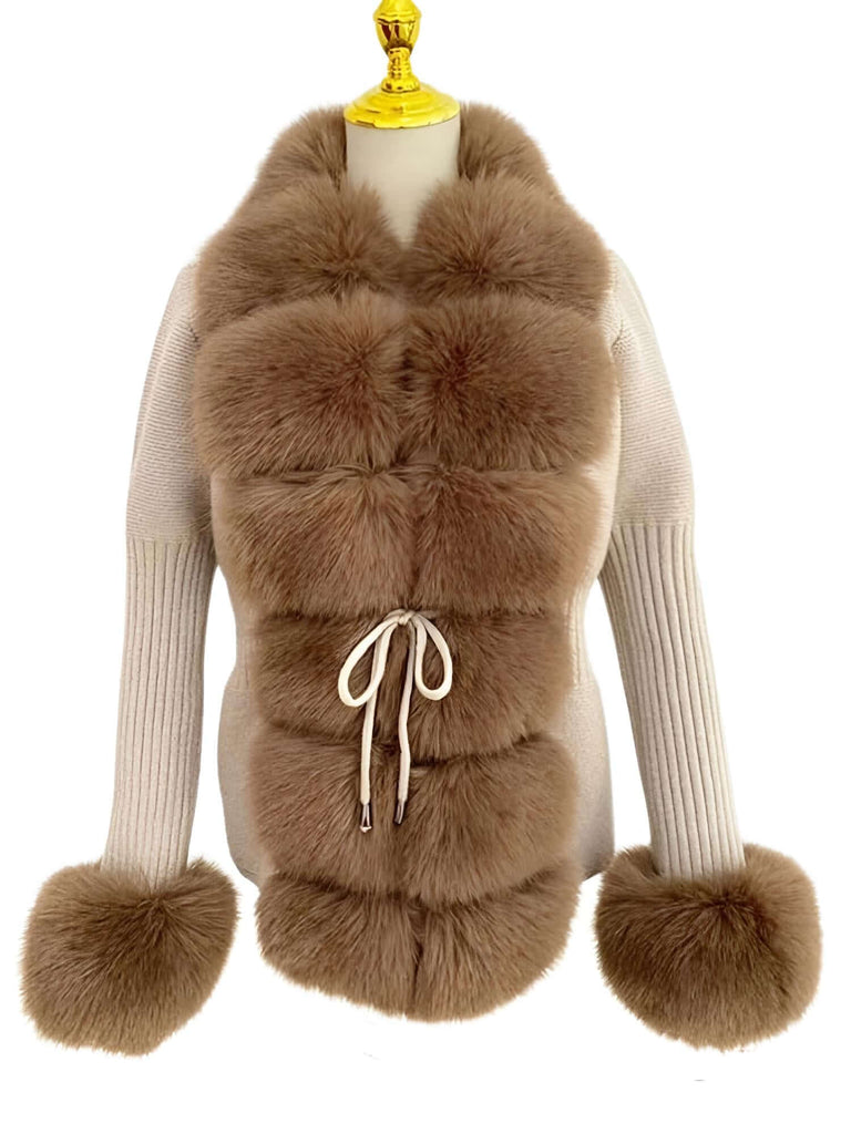 Women's Luxury Knitted Camel and Light Brown Sweater Coat With Detachable Fur