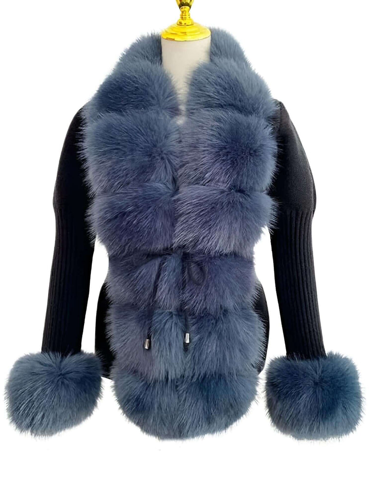 Women's Luxury Knitted Black and Blue Sweater Coat With Detachable Fur