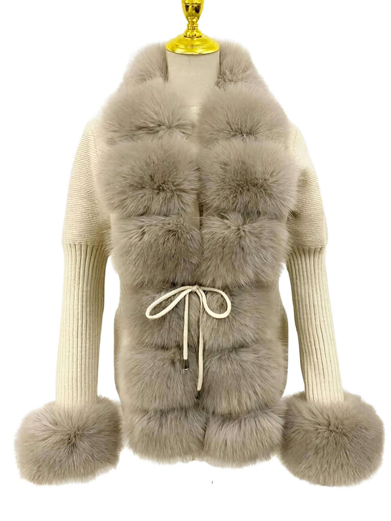 Women's Luxury Knitted Khaki Sweater Coat With Detachable Fur