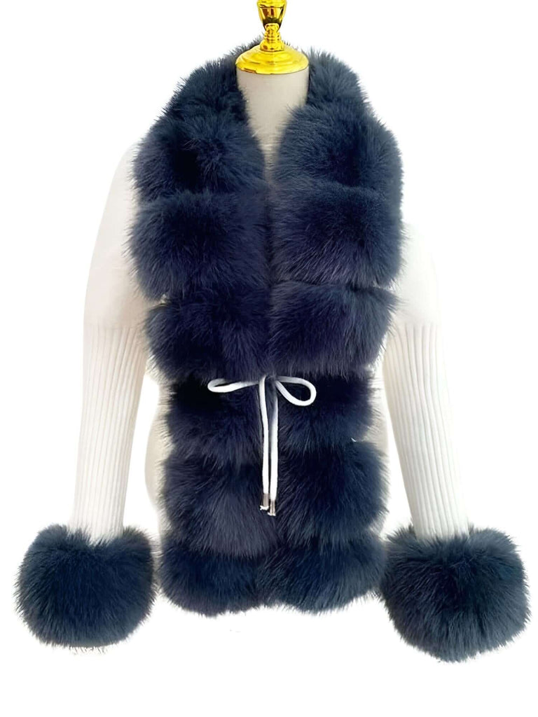 Women's Luxury Knitted Blue Sweater Coat With Detachable Fur