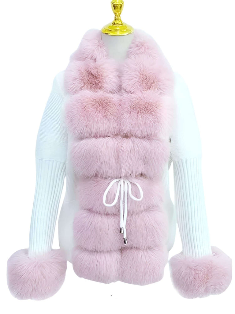 Women's Luxury Knitted Pink Sweater Coat With Detachable Fur