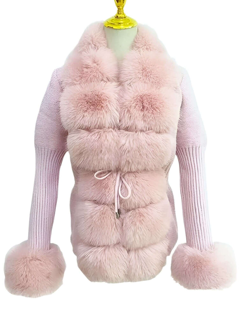 Women's Luxury Knitted Pink Sweater Coat With Detachable Fur