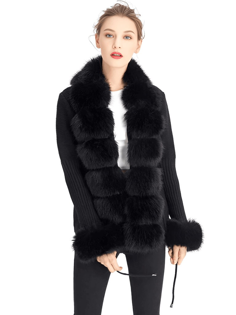 Women's Luxury Knitted Black Sweater Coat With Detachable Fur