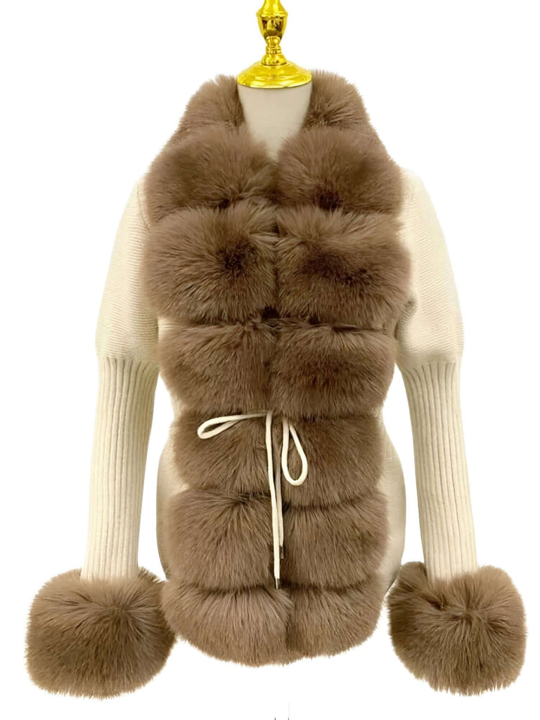 Women's Luxury Knitted Brown Sweater Coat With Detachable Fur