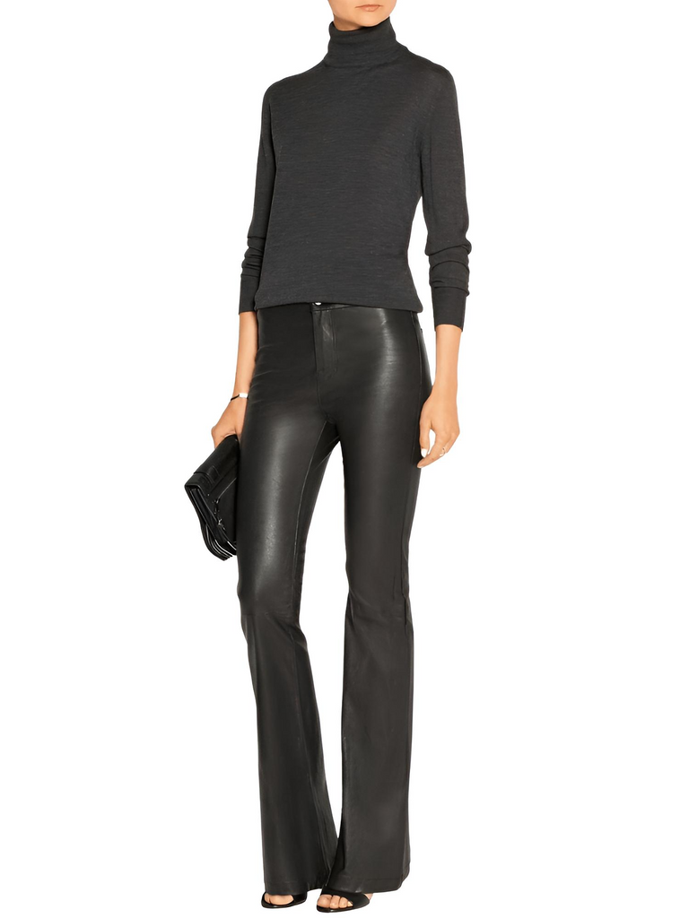 Discover the chic Women's Mid-Waist Slim Flare Black Leather Pants at Drestiny. Benefit from free shipping and tax paid by us! Save up to 50% off