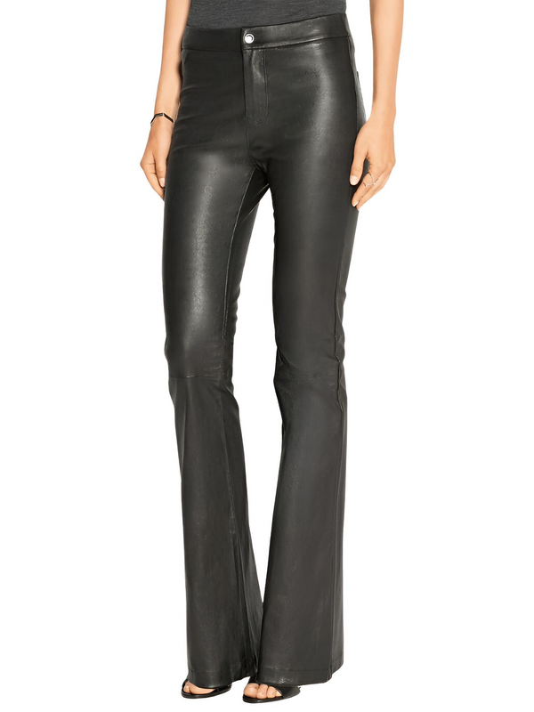 Discover the chic Women's Mid-Waist Slim Flare Black Leather Pants at Drestiny. Benefit from free shipping and tax paid by us! Save up to 50% off