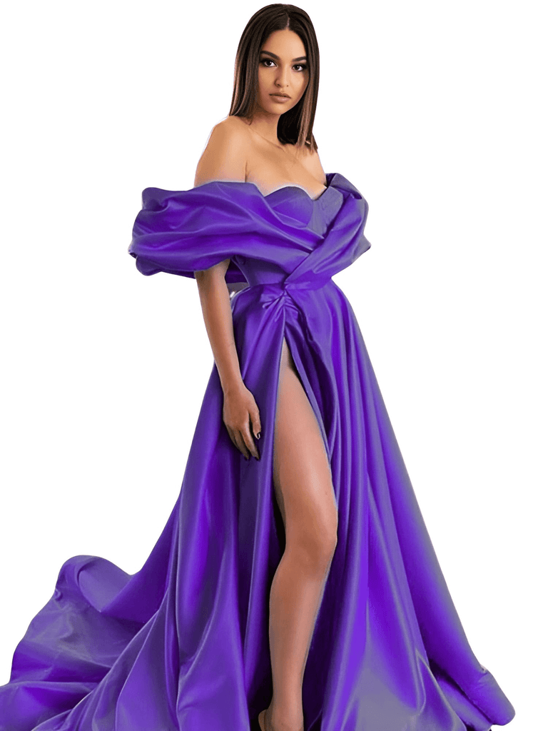 Women's Off Shoulder High Split Purple Evening Gown