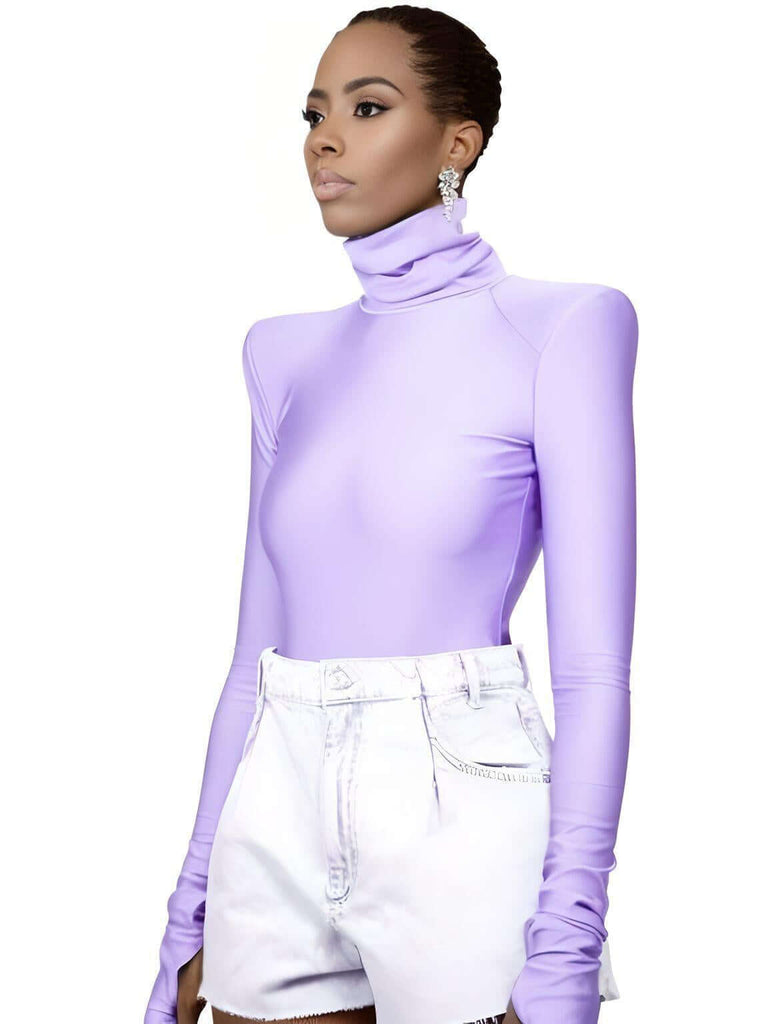 Look chic in the Women's Purple Padded Shoulder Long Sleeve Turtleneck Bodysuit. Get up to 50% off at Drestiny with free shipping and tax covered!