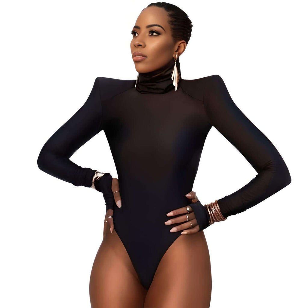 Look chic in the Women's Black Padded Shoulder Long Sleeve Turtleneck Bodysuit. Get up to 50% off at Drestiny with free shipping and tax covered!