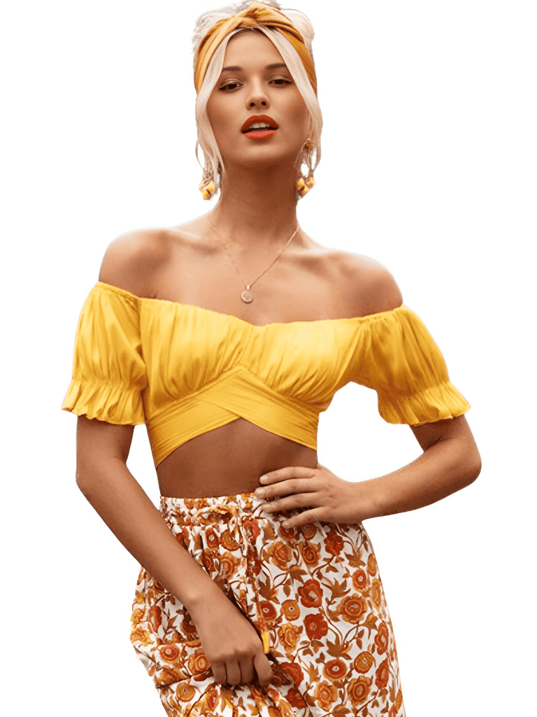 Women's Paris Style Yellow Off Shoulder Short Sleeve Crop Top