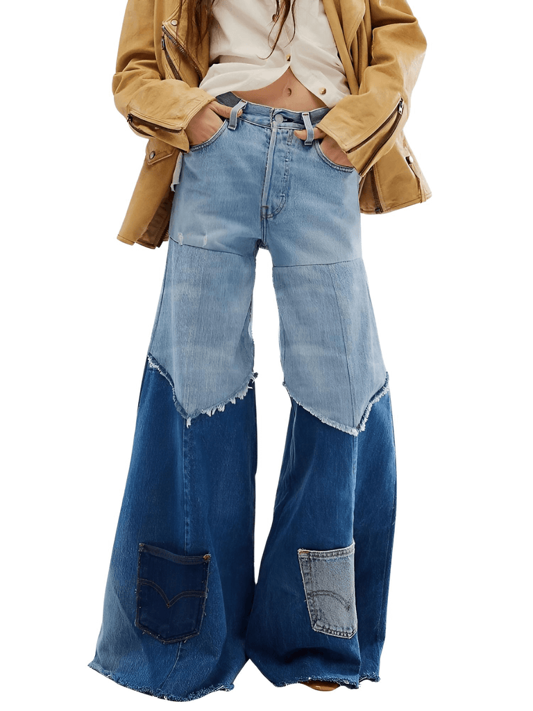 Elevate your wardrobe with trendy patchwork high waist wide-legged denim jeans at Drestiny. Save up to 50% off + free shipping!