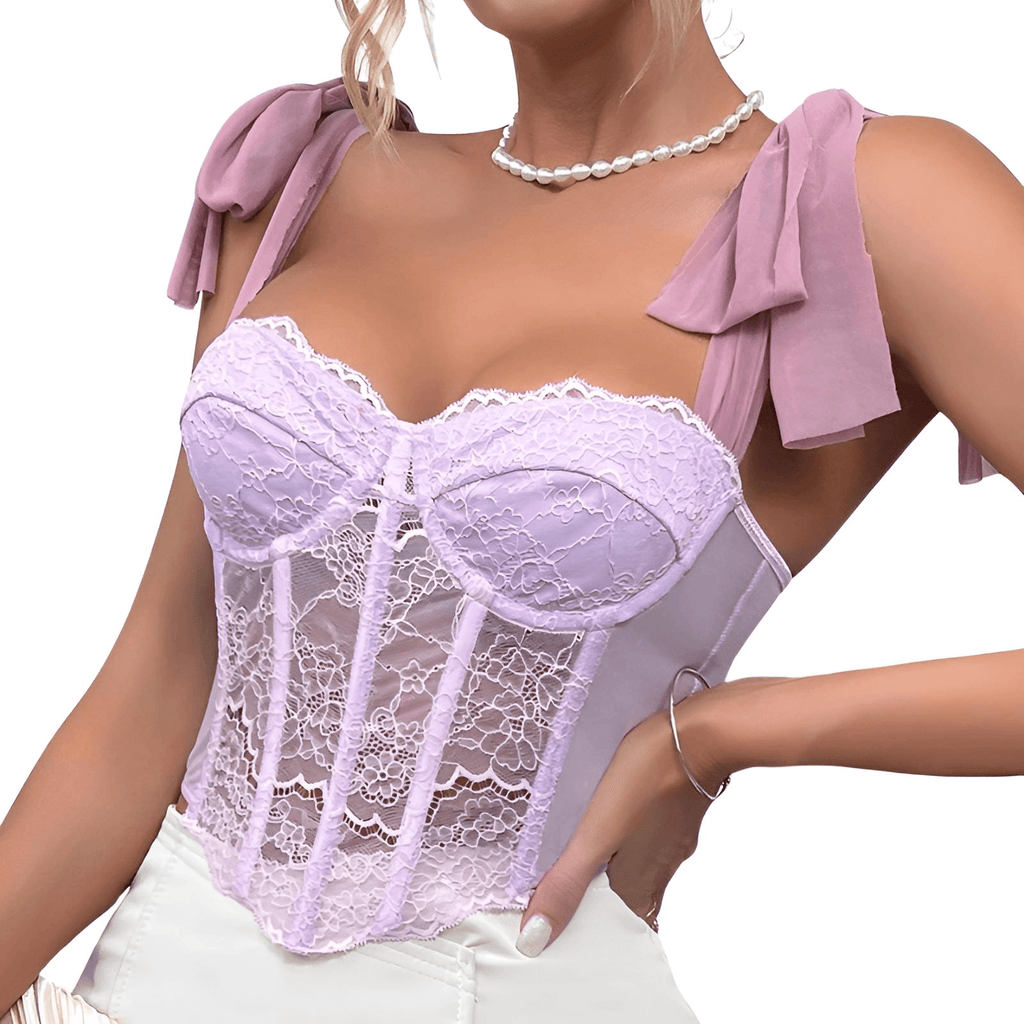 "Shop Drestiny for a stunning Women's Purple Lace Corset Crop Top! Enjoy free shipping and let us take care of the tax. Save up to 50% off now!"