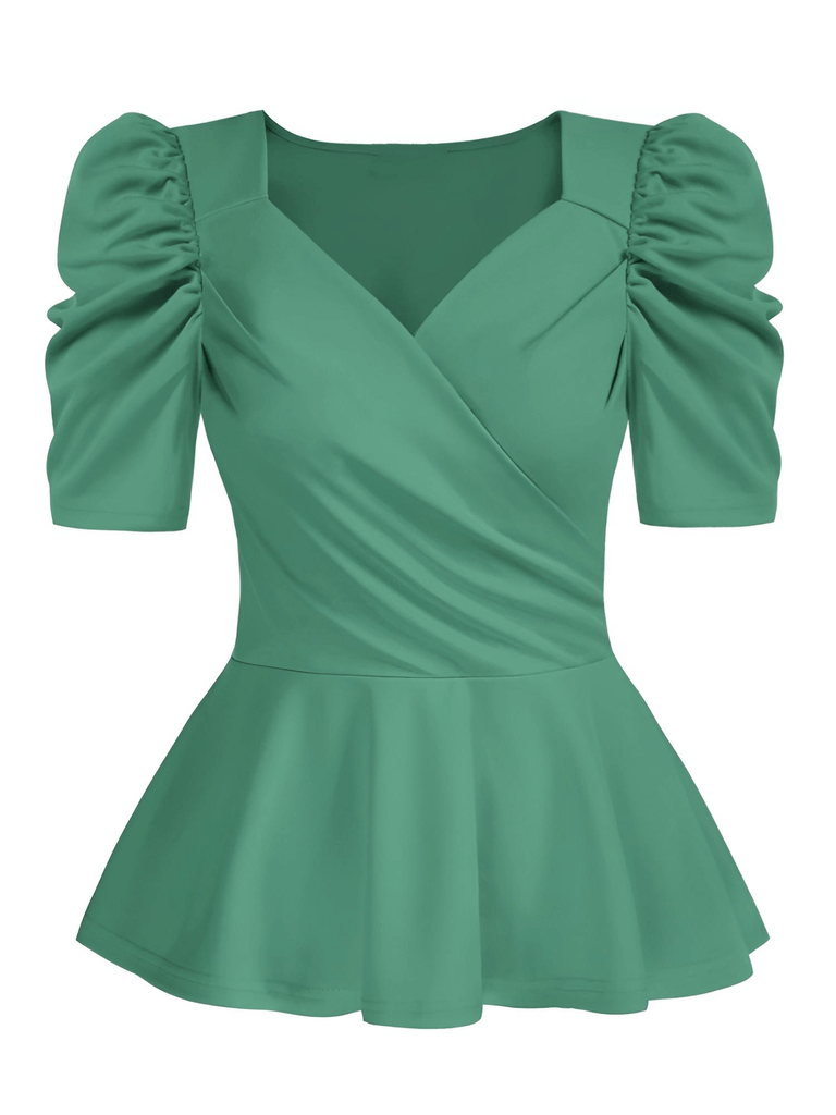Women's Ruched Puff Short Sleeve Green V-Neck Blouse