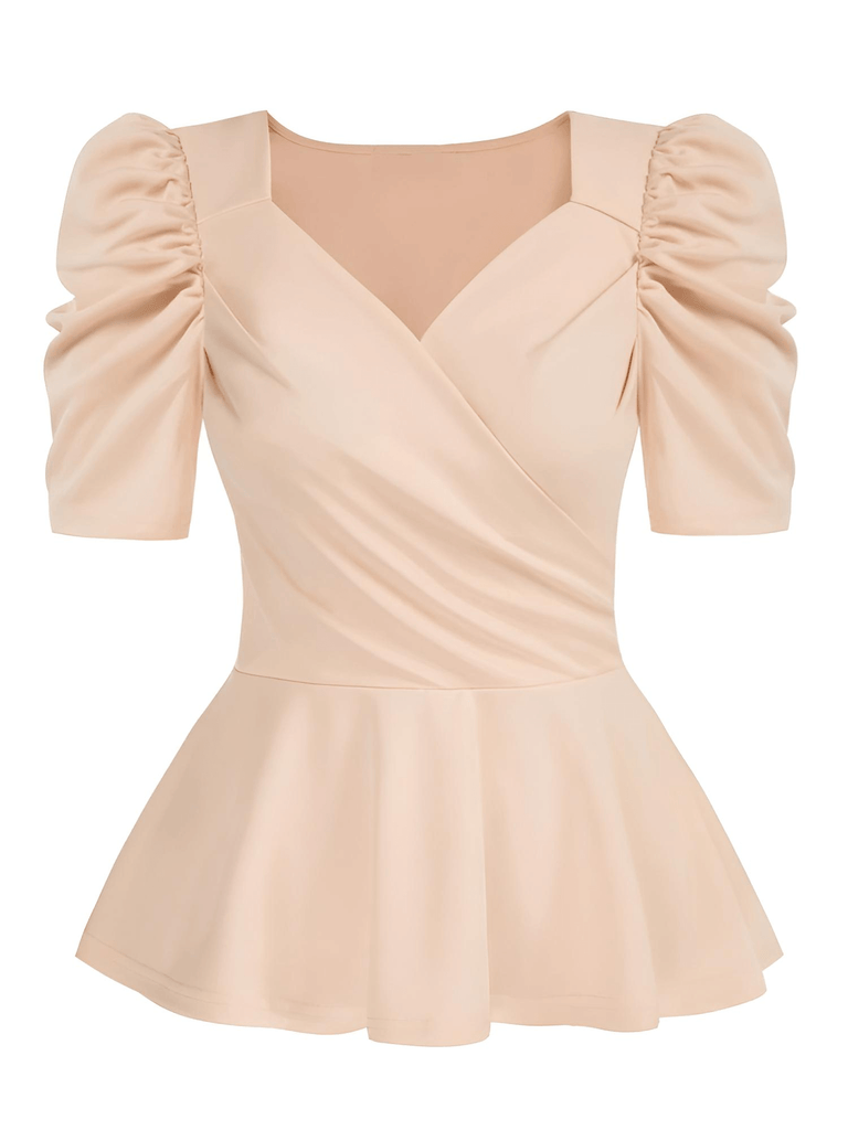 Women's Ruched Puff Short Sleeve Apricot V-Neck Blouse