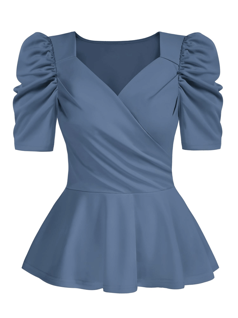 Women's Ruched Puff Short Sleeve Blue V-Neck Blouse