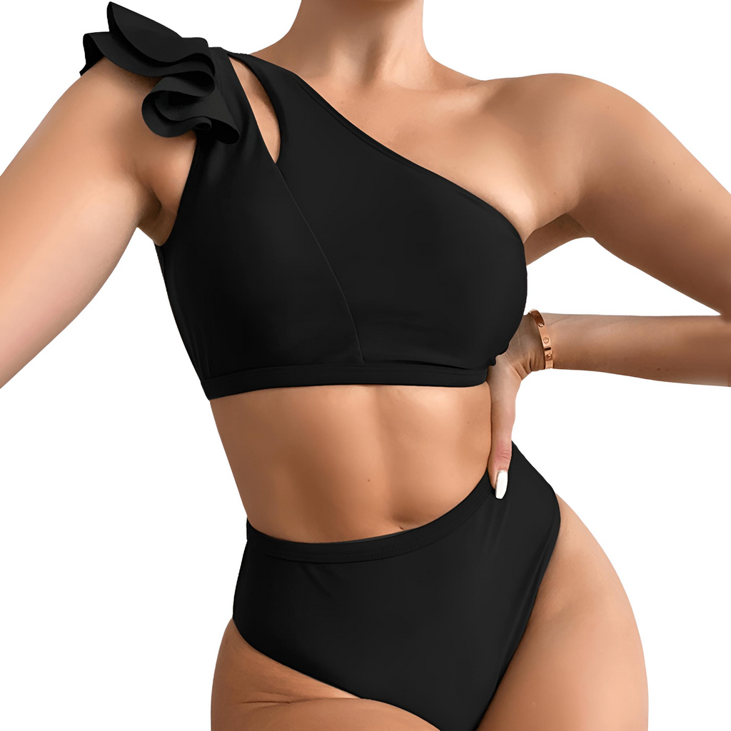 "Turn heads at the beach with the Women's Sexy One Shoulder High Waist Black Bikini. Shop now at Drestiny and enjoy free shipping, plus we'll cover the tax! Save up to 50% off!"
