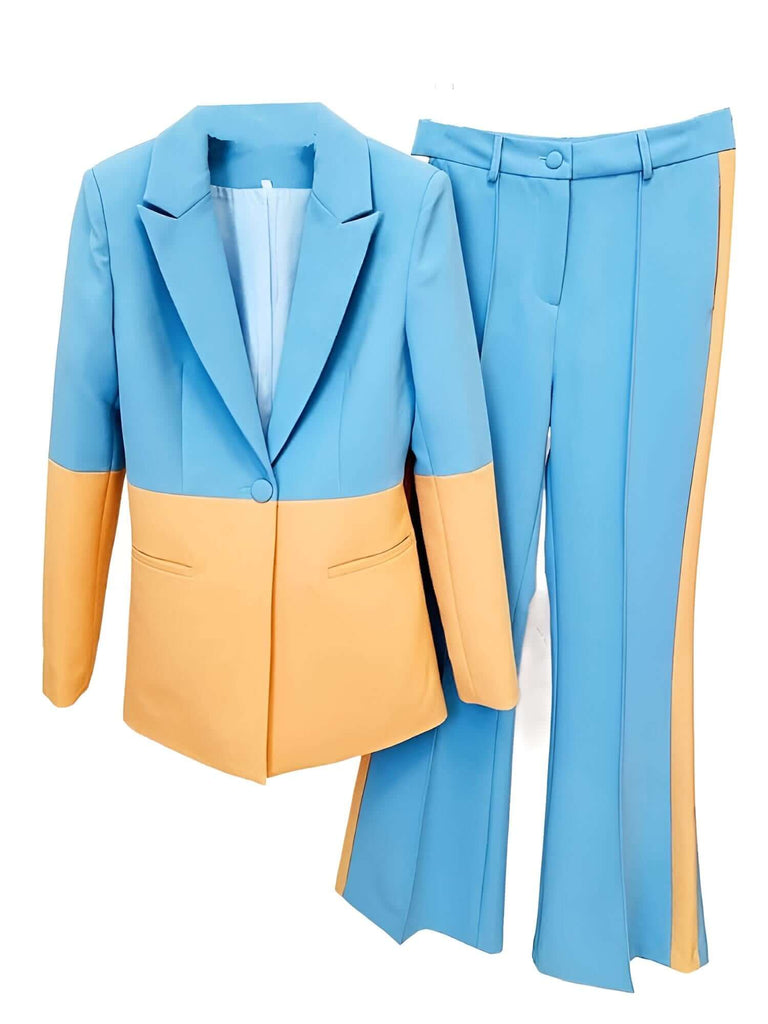 Women's Single Button Color Block Blazer Flare Pants Suit