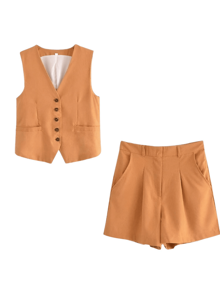 Women's Slim-Fit Sleeveless Suit Vest + High Waist Shorts Orange Causal Set