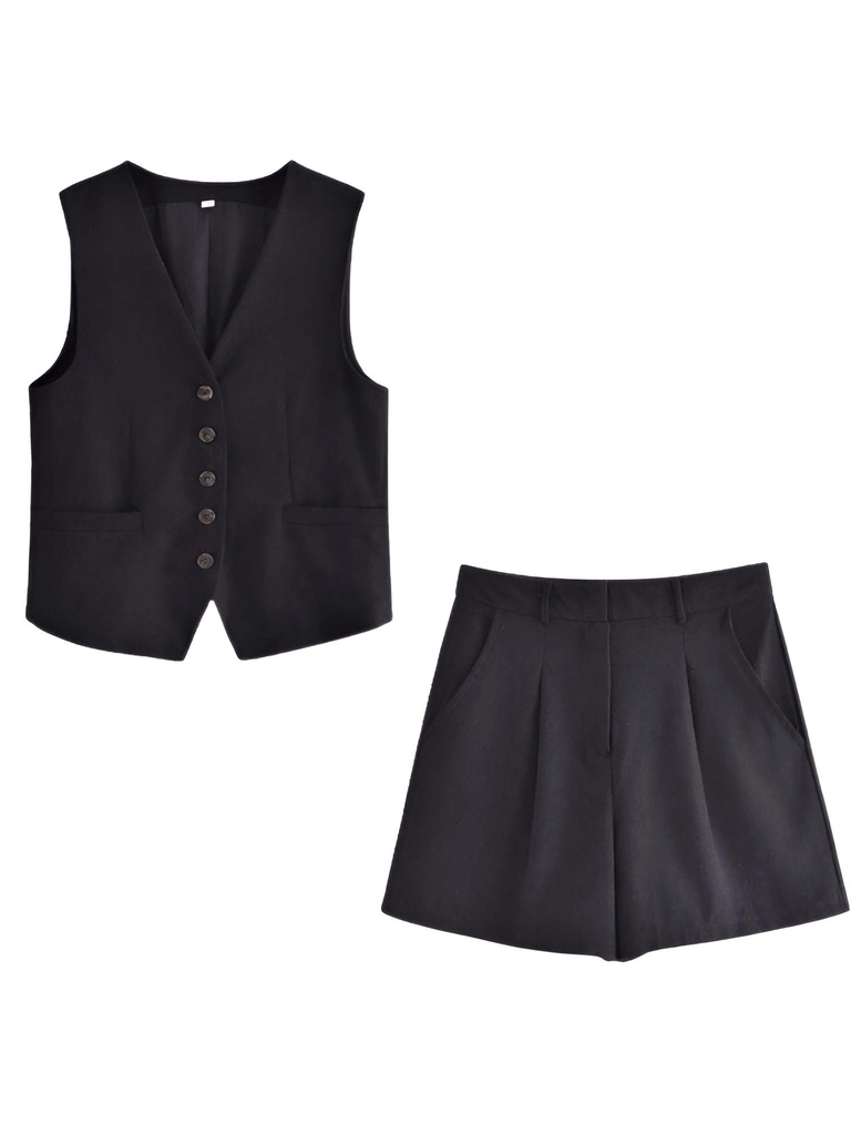 Women's Slim-Fit Sleeveless Suit Vest + High Waist Shorts Black Causal Set