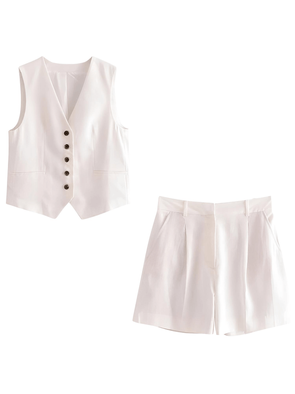 Women's Slim-Fit Sleeveless Suit Vest + High Waist Shorts White Causal Set