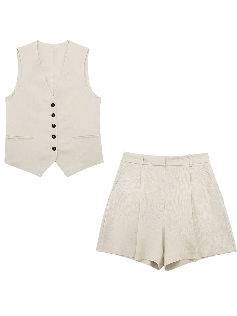 Women's Slim-Fit Sleeveless Suit Vest + High Waist Shorts Beige Causal Set