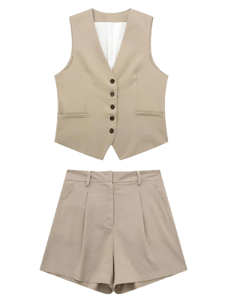 Women's Slim-Fit Sleeveless Suit Vest + High Waist Shorts Khaki Causal Set