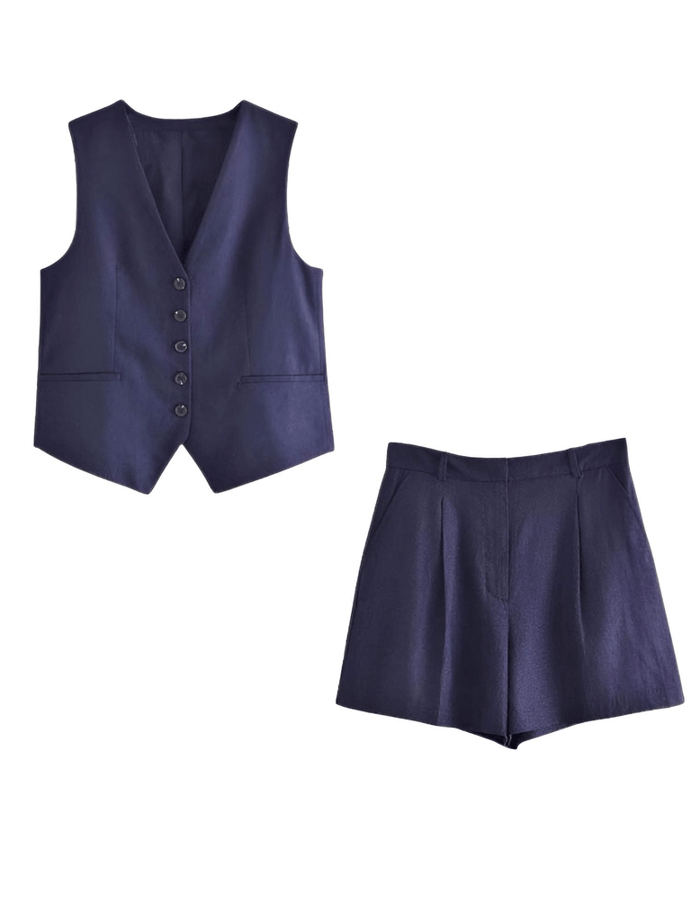 Women's Slim-Fit Sleeveless Suit Vest + High Waist Shorts Dark Blue Causal Set