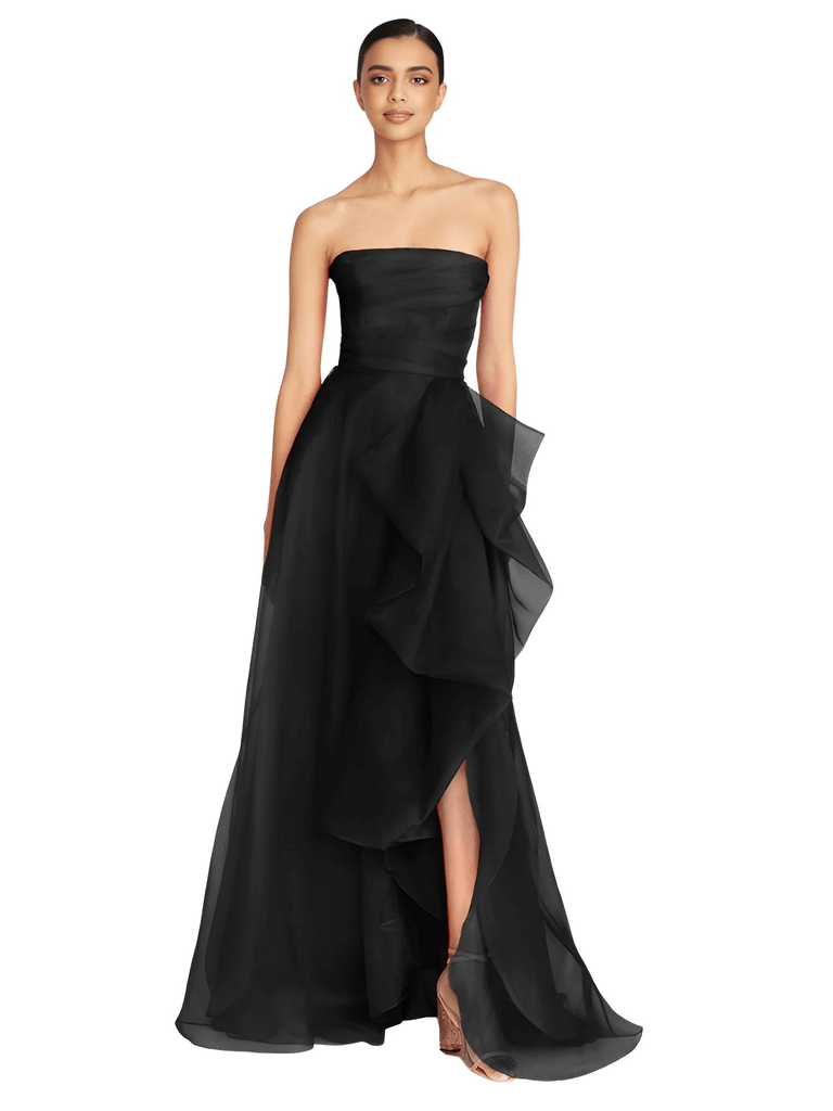 Chic women's black strapless off shoulder A-line maxi dress featuring a side high split. Shop dresses now at Drestiny for free shipping + tax covered!