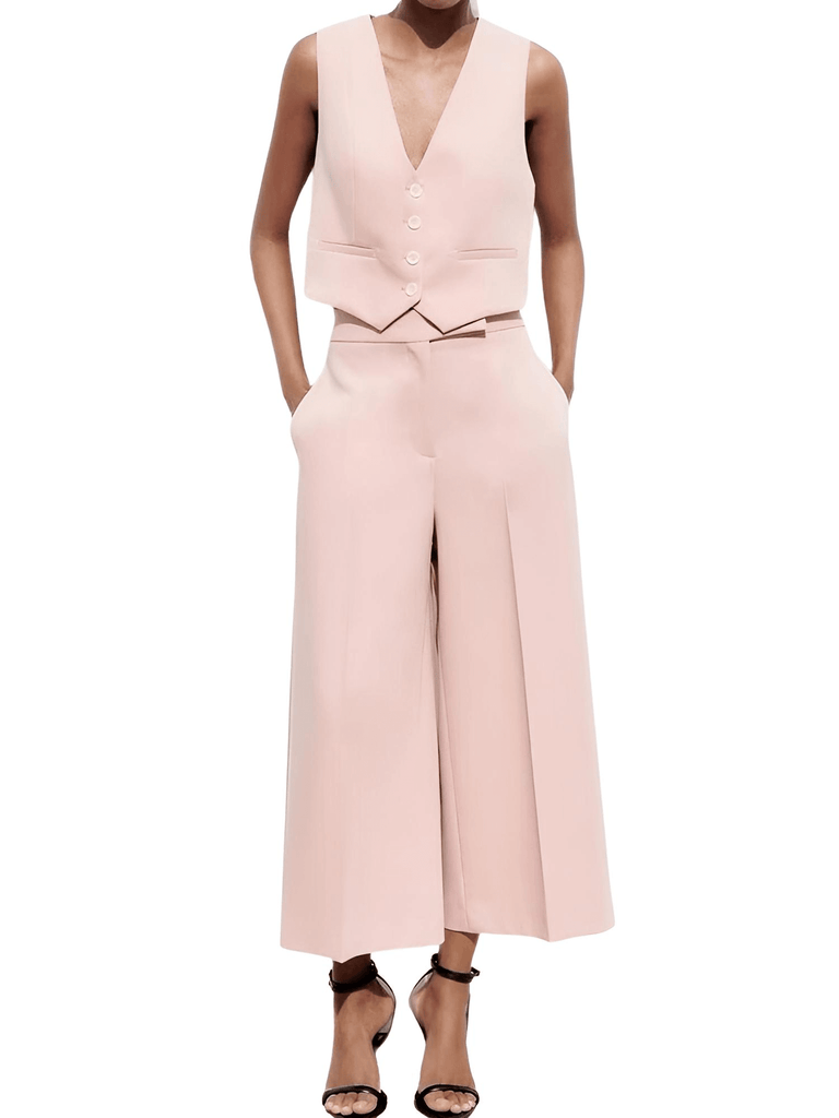 Women's Summer 2-Piece Set - Casual Solid Pink Vest Coat and Pink Wide Leg Pants