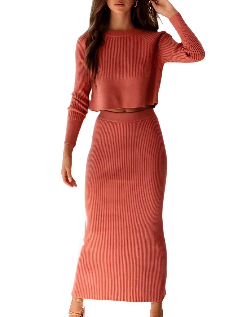 Women's Two Piece Long Sleeve Rust Red Crop Sweater and Rust Red Long Split Skirt Sets