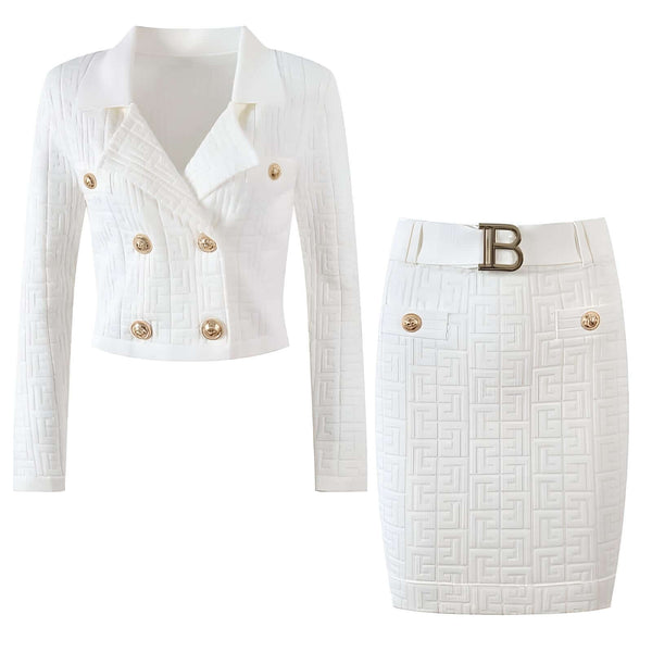 Unleash your fashion-forward side with the Women's Two Piece Crop Blazer + Skirt Set, featuring a captivating textured pattern. Shop now on Drestiny and enjoy the benefits of free shipping and tax coverage. As seen on FOX, NBC, and CBS, this set is a favo