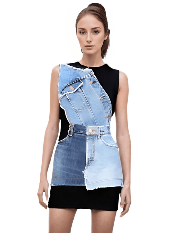 Trendy women's denim patchwork dress available at Drestiny. Free shipping and tax covered! Save up to 50% on women's clothing.