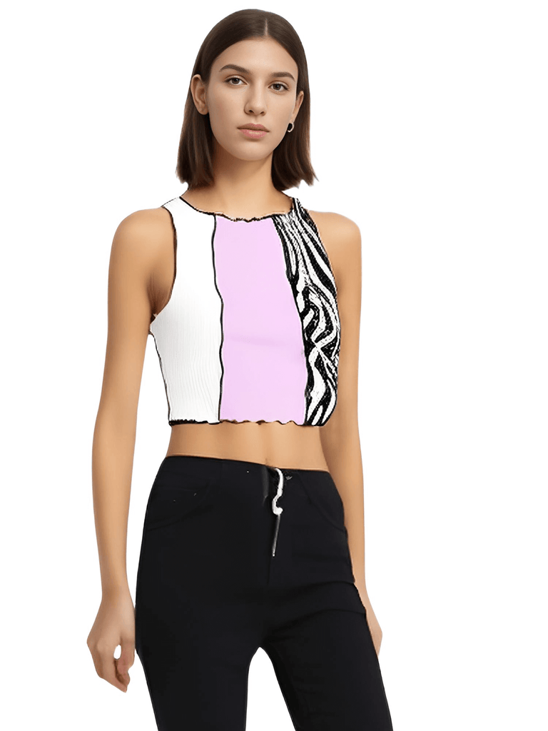 Shop Drestiny for a trendy Women's Zebra Stripe Graphic Patchwork Rib Knit Light Purple Crop Top. Enjoy free shipping and let us cover the tax! Hurry, save up to 50% off for a limited time. As seen on FOX, NBC, and CBS.