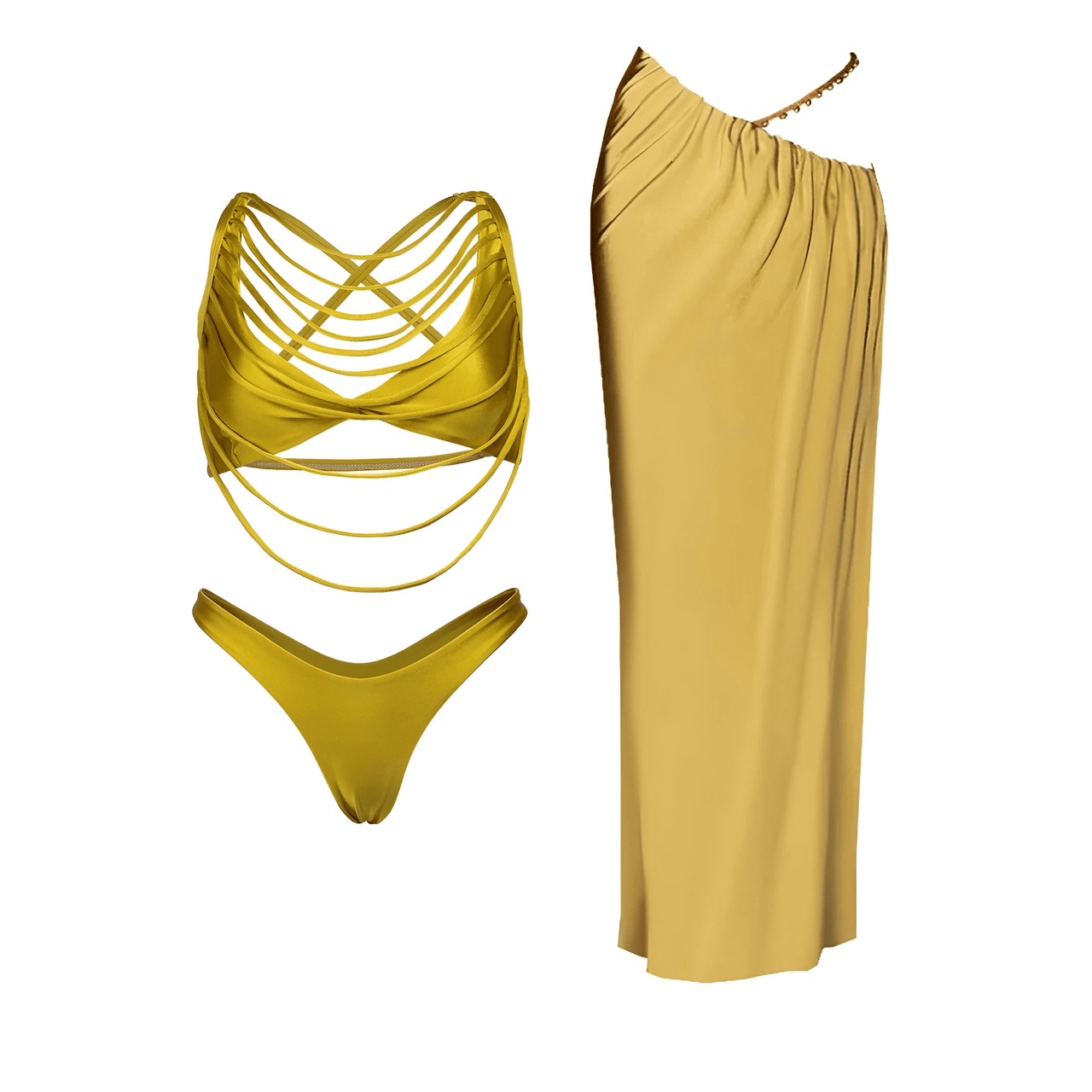 Women's 3Pcs Gold Bikini With Long Skirt Sexy Swimsuit Women Swimwear Female Cut Out Biquini Swimming Suit Bodysuit Beachwear, Drestiny, Bikinis, Skirts, Cover Ups, Skirt Sets, Sets, Gold, S, M, L, United States, USA, Canada, Australia, New Zealand, United Kingdom, UK, Metallic gold bikini set, gold bikini skirt set, Gold swimsuit skirt set, shopdrestiny.com