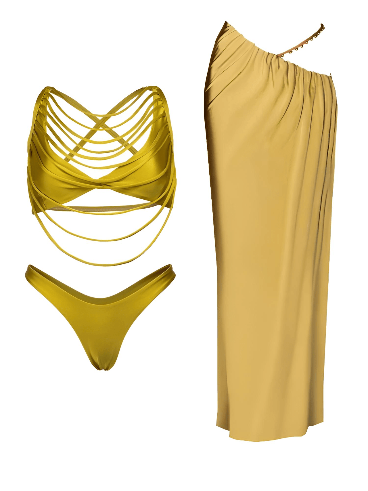 Women's 3Pcs Gold Bikini With Long Skirt Sexy Swimsuit Women Swimwear Female Cut Out Biquini Swimming Suit Bodysuit Beachwear, Drestiny, Bikinis, Skirts, Cover Ups, Skirt Sets, Sets, Gold, S, M, L, United States, USA, Canada, Australia, New Zealand, United Kingdom, UK, Metallic gold bikini set, gold bikini skirt set, Gold swimsuit skirt set, shopdrestiny.com