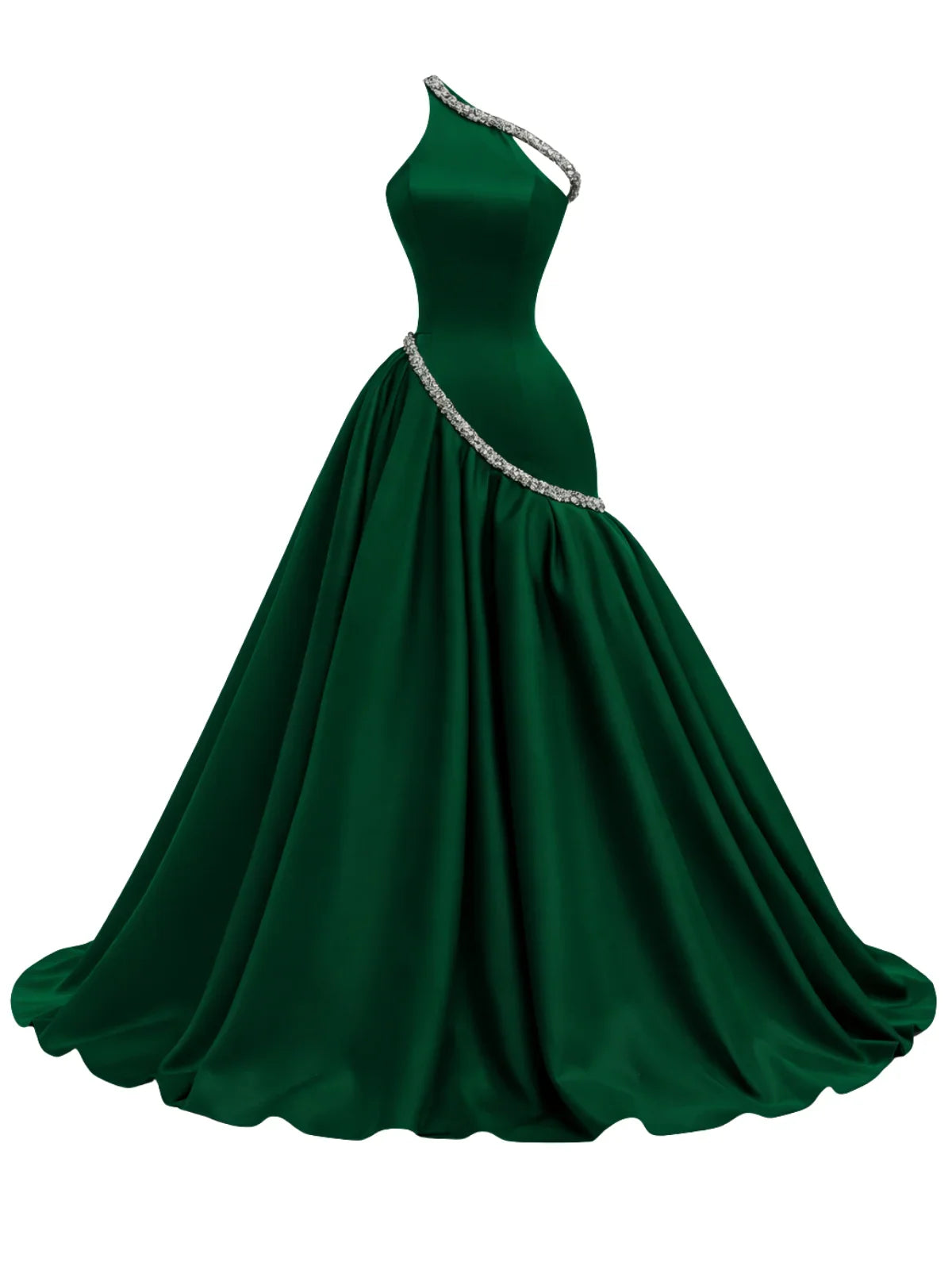 Green evening gown with silver embellishments on a white background